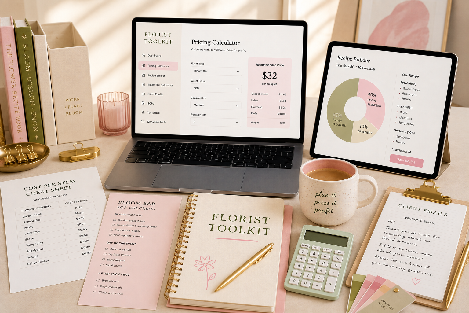 A bright, modern florist toolkit flatlay with a laptop pricing calculator, tablet recipe builder, cost-per-stem cheat sheet, SOP checklist, client emails, calculator, coffee and fresh flowers