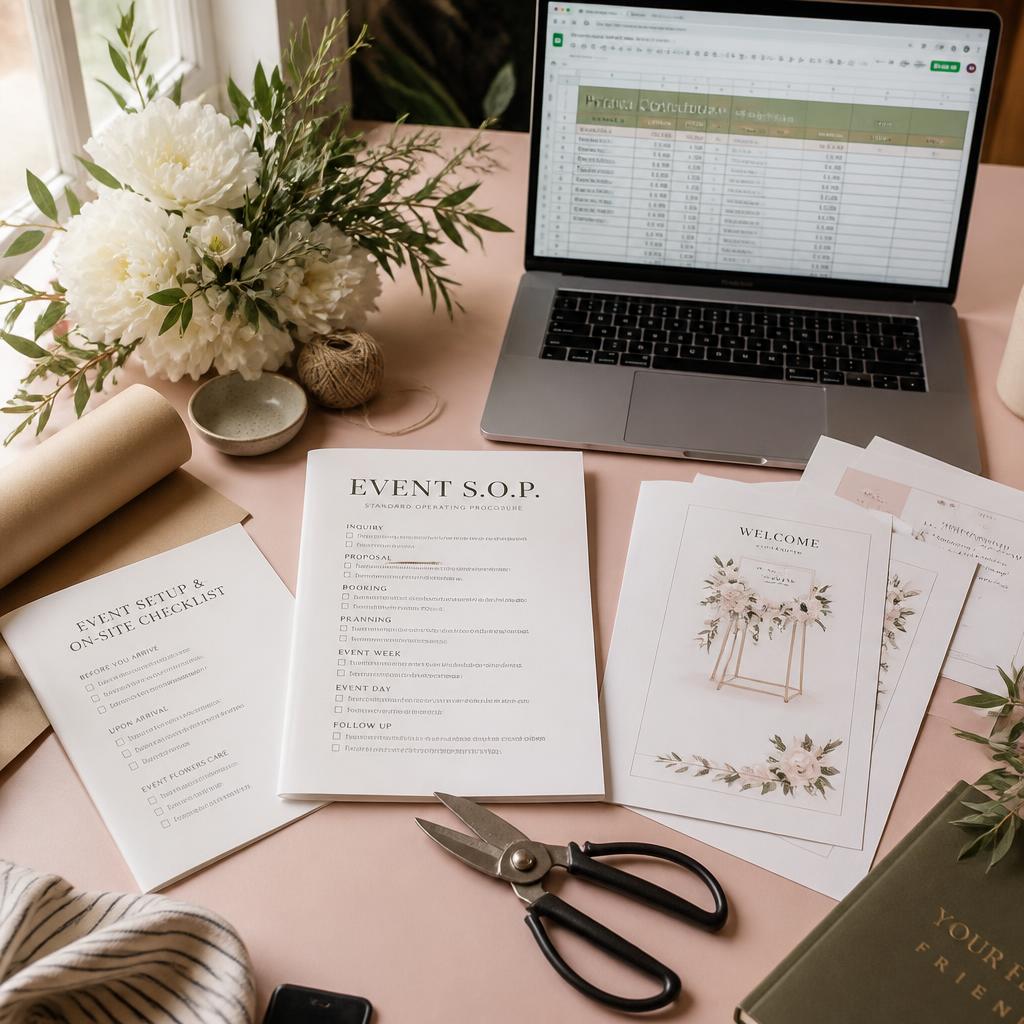 Flat lay of pricing sheets, supply checklists and signage from The Florist's Toolkit