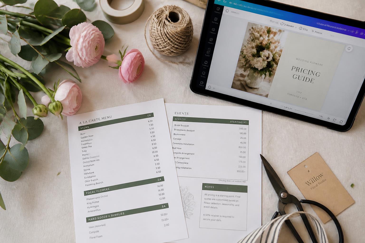 Close-up of the printed Flower Bar pricing guide template